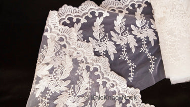 White Net Trim With Beautiful Floral Embroidery, Approx. 10.5 Inches wide, Lace Trim
